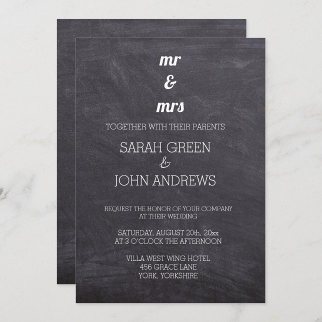 Invitación Chalkboard Black and White Mr & Mrs Boda (Anverso / Reverso)