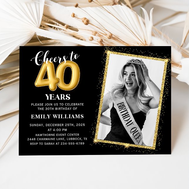 Invitación Chalkboard Black Gold Balloons 40th Birthday Photo (Subido por el creador)