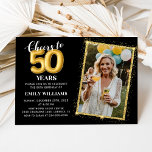 Invitación Chalkboard Black Gold Balloons 50th Birthday Photo<br><div class="desc">Chalkboard Black Gold Balloons 50th Birthday Photo Invitation</div>