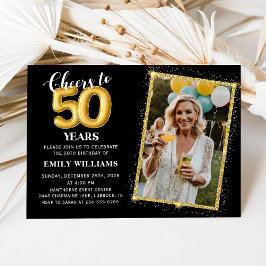 Invitación Chalkboard Black Gold Balloons 50th Birthday Photo