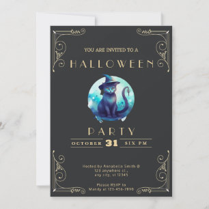 Invitación Chalkboard Black & Gold Bl;ack Cat Halloween
