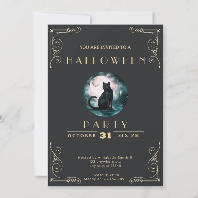 Invitación Chalkboard Black & Gold Black Cat Moon Halloween (Anverso)