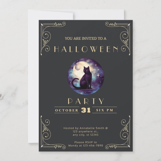Invitación Chalkboard Black & Gold Black Cat Moon Halloween (Anverso)