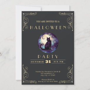 Invitación Chalkboard Black & Gold Black Cat Moon Halloween