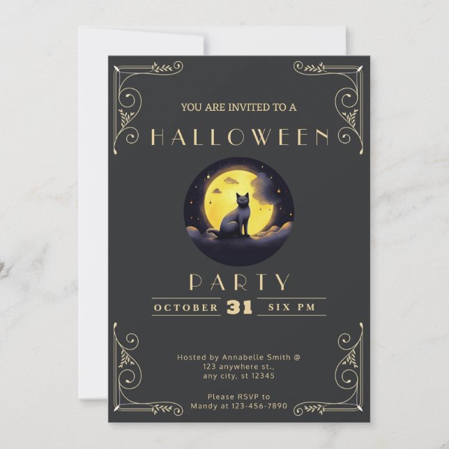 Invitación Chalkboard Black & Gold Black Cat Moon Halloween (Anverso)