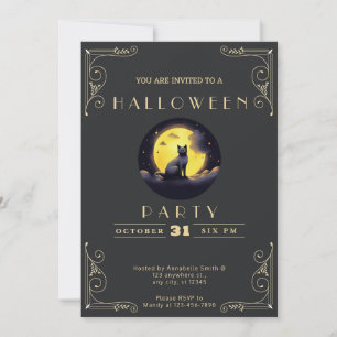 Invitación Chalkboard Black & Gold Black Cat Moon Halloween