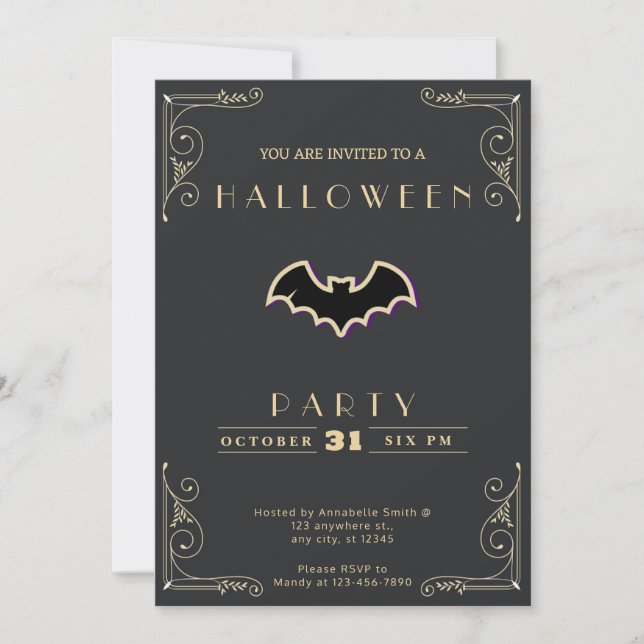 Invitación Chalkboard Black & Gold Black & Gold Bat Halloween (Anverso)