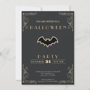 Invitación Chalkboard Black & Gold Black & Gold Bat Halloween