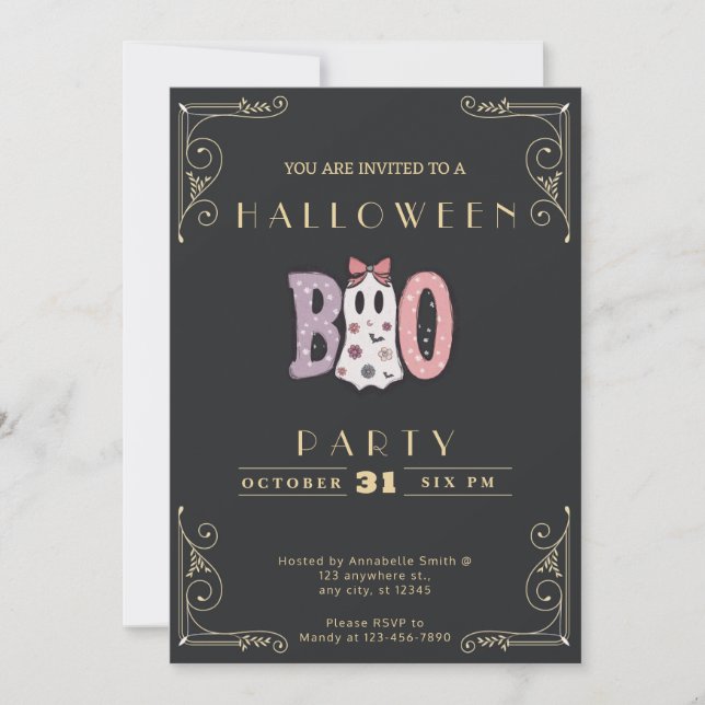 Invitación Chalkboard Black & Gold BOO Cuto Fantasma Hallowee (Anverso)