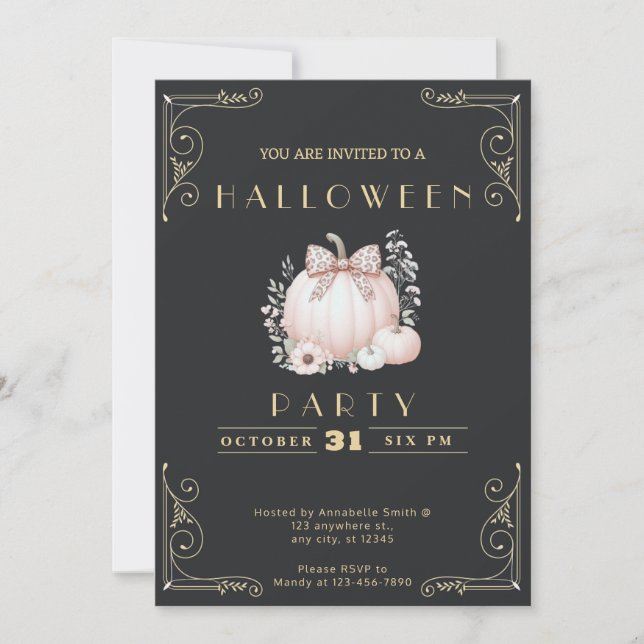 Invitación Chalkboard Black & Gold Bow Cute Halloween (Anverso)