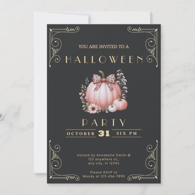 Invitación Chalkboard Black & Gold Bow Cute Halloween (Anverso)