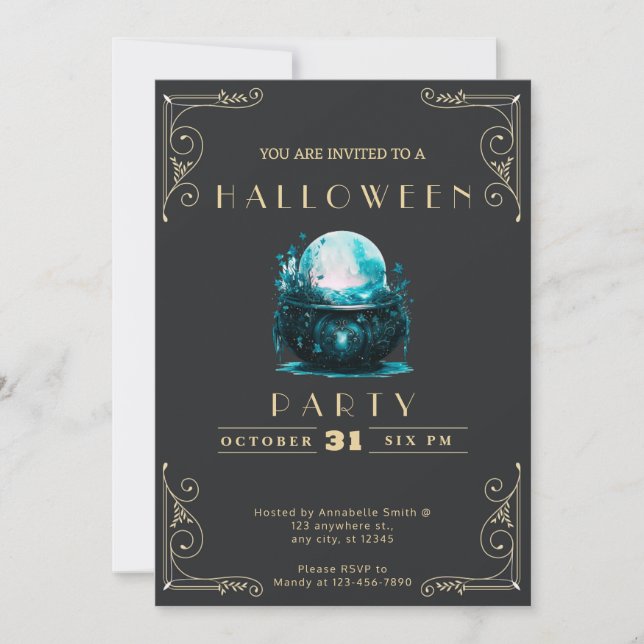 Invitación Chalkboard Black & Gold Crystal Ball Halloween (Anverso)