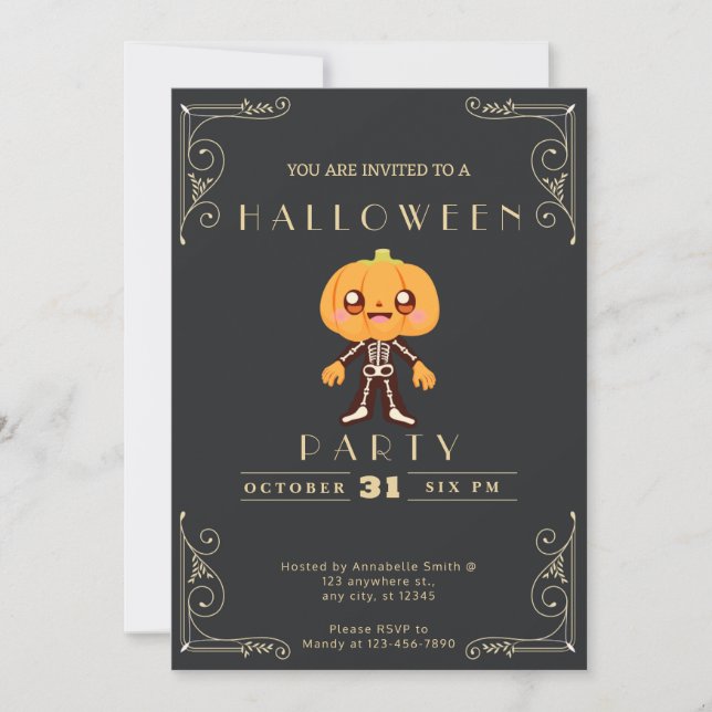 Invitación Chalkboard Black & Gold Cumpkinhead Halloween (Anverso)