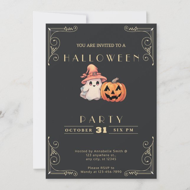 Invitación Chalkboard Black & Gold Cute Ghost Halloween (Anverso)