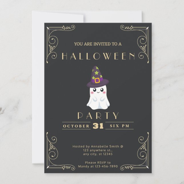 Invitación Chalkboard Black & Gold Cute Ghost Stars Halloween (Anverso)