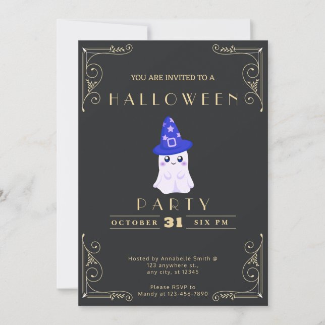 Invitación Chalkboard Black & Gold Cute Ghost Stars Halloween (Anverso)