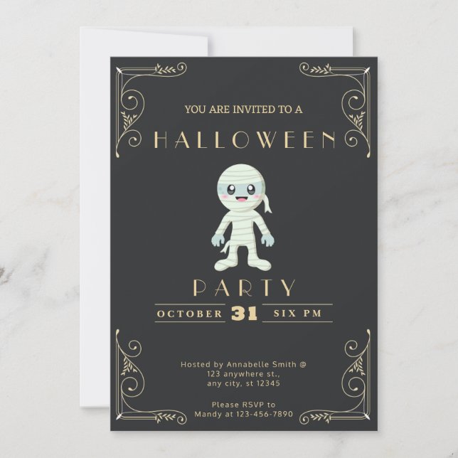 Invitación Chalkboard Black & Gold Cute Mummy Halloween (Anverso)