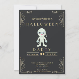 Invitación Chalkboard Black & Gold Cute Mummy Halloween