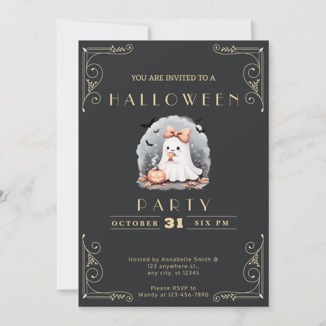 Invitación Chalkboard Black & Gold Ghost Bow Halloween (Anverso)