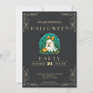 Invitación Chalkboard Black & Gold Ghost Bow Halloween