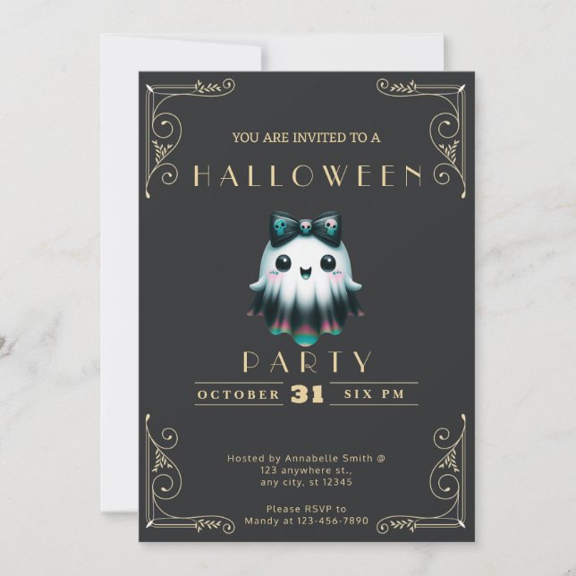 Invitación Chalkboard Black & Gold Ghost Bow Skulls Halloween (Anverso)