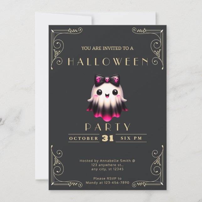 Invitación Chalkboard Black & Gold Ghost Bow Skulls Halloween (Anverso)