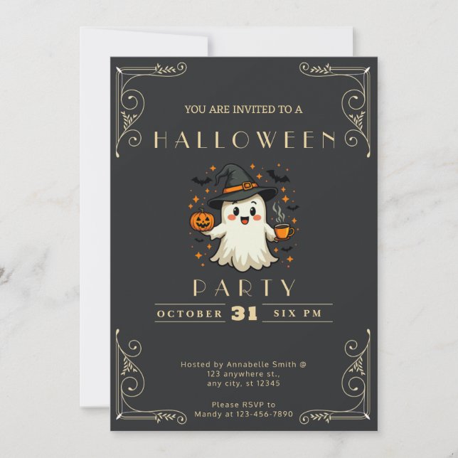 Invitación Chalkboard Black & Gold Ghost Stars Bats Halloween (Anverso)