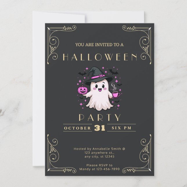 Invitación Chalkboard Black & Gold Ghost Stars Bats Halloween (Anverso)