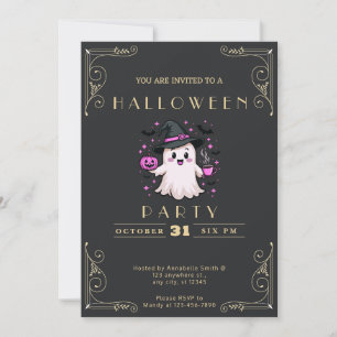 Invitación Chalkboard Black & Gold Ghost Stars Bats Halloween