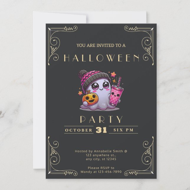 Invitación Chalkboard Black & Gold Ghost Stars Cuidada Hallow (Anverso)