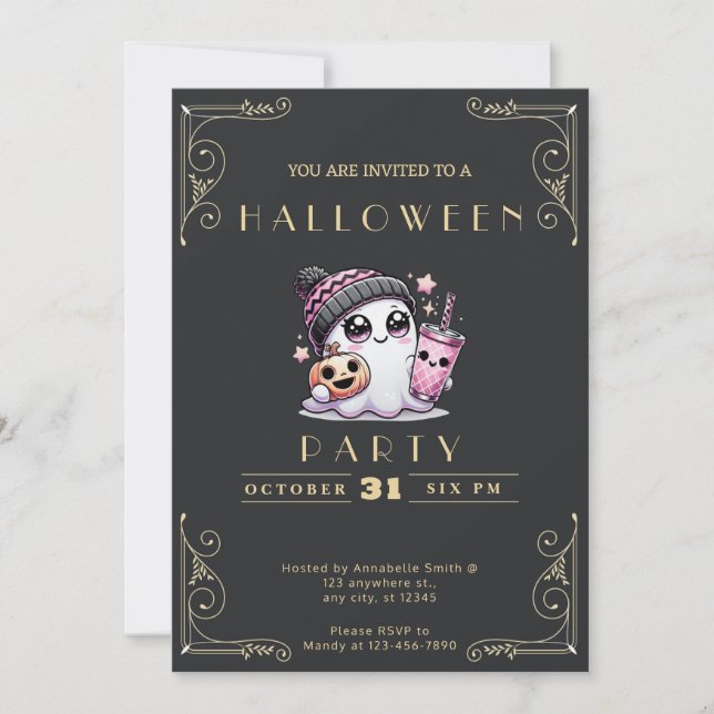Invitación Chalkboard Black & Gold Ghost Stars Cuidada Hallow (Anverso)