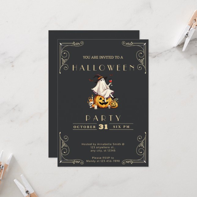 Invitación Chalkboard Black & Gold Ghost Wull Halloween (Anverso/Reverso In Situ)