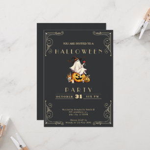 Invitación Chalkboard Black & Gold Ghost Wull Halloween
