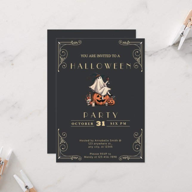 Invitación Chalkboard Black & Gold Ghost Wull Halloween (Anverso/Reverso In Situ)