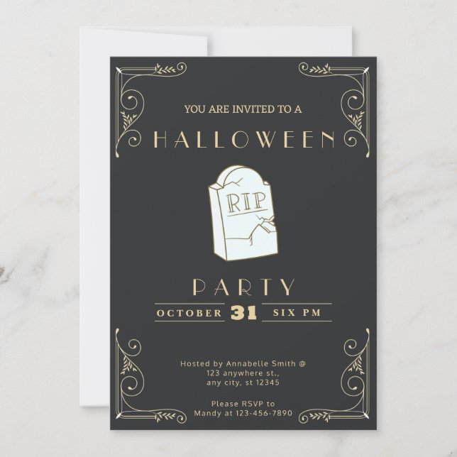 Invitación Chalkboard Black & Gold Grey RIP Grave Halloween (Anverso)