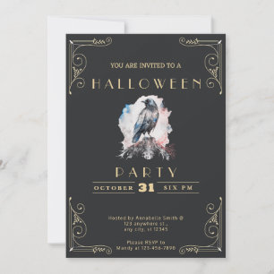 Invitación Chalkboard Black & Gold Pastel Raven Halloween