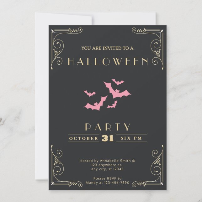 Invitación Chalkboard Black & Gold Pink Bats Halloween (Anverso)