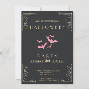 Invitación Chalkboard Black & Gold Pink Bats Halloween