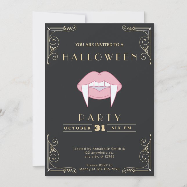 Invitación Chalkboard Black & Gold Pink Vampip Lip Halloween (Anverso)