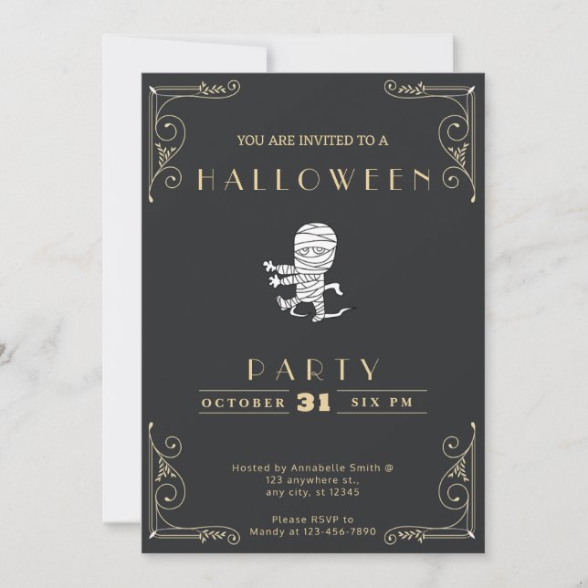 Invitación Chalkboard Black & Gold Running Mummy Halloween (Anverso)