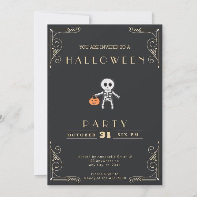 Invitación Chalkboard Black & Gold Skeleton Costume Halloween (Anverso)