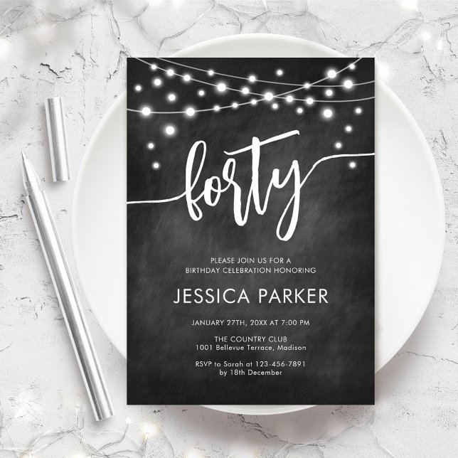 Invitación Chalkboard Black White 40th Birthday Fiesta (Subido por el creador)