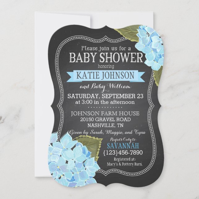 Invitación Chalkboard Blue Hydrangeas Baby Shower (Anverso)