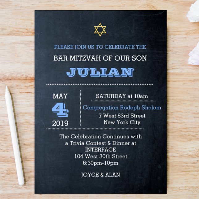 Invitación Chalkboard Blue Large Name Bar Mitzvah (Subido por el creador)