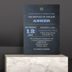 Invitación Chalkboard Blue Large Name Bar Mitzvah
