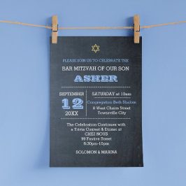 Invitación Chalkboard Blue Nombre grande Alineado Bar Mitzvah
