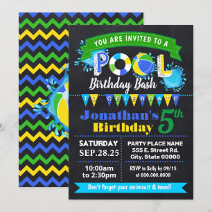 Invitación Chalkboard Blue Pool cumpleaños verano bash