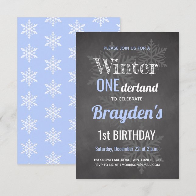 Invitación Chalkboard Blue Winter Onederland 1er cumpleaños (Anverso / Reverso)