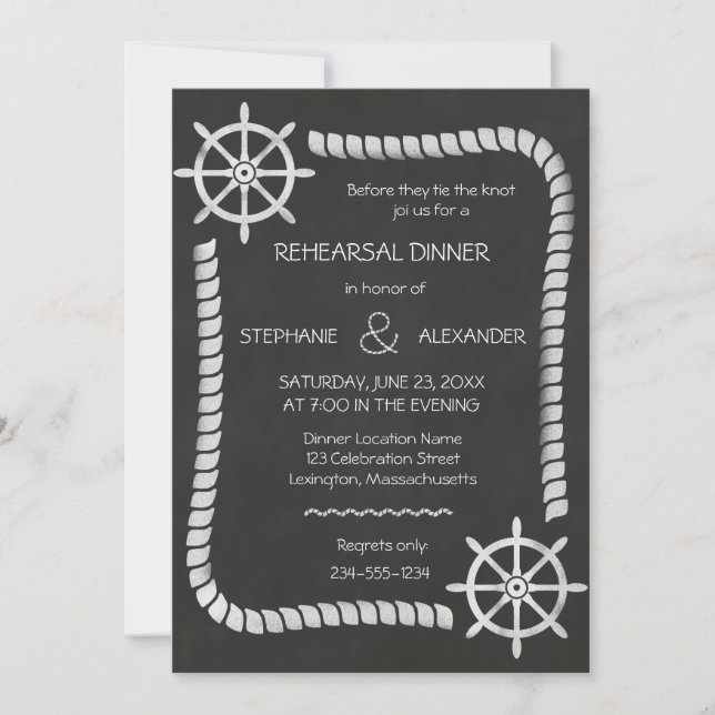 Invitación Chalkboard Boda Nautical Ensayo Cena (Anverso)