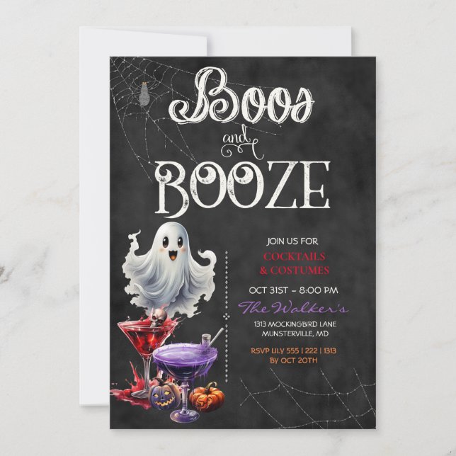 Invitación Chalkboard Boos & Booze Fiesta de cócteles Hallowe (Anverso)